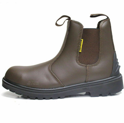 MAXSTEEL LIGHTWEIGHT SLIP ON SAFETY CHELSEA DEALERS BOOTS WITH A STEEL TOECAP AND MIDSOLE IN BROWN