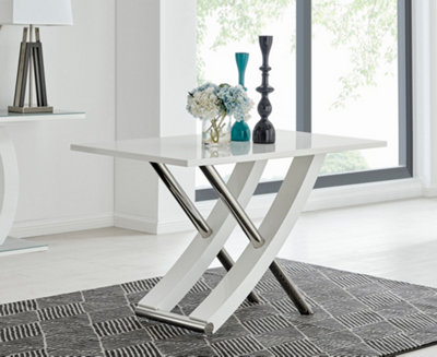 Mayfair 4 Seater White High Gloss and Shiny Stainless Steel Metal Dining Table with Striking Curved X Shaped Legs