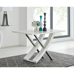 Mayfair 4 Seater White High Gloss and Shiny Stainless Steel Metal Dining Table with Striking Curved X Shaped Legs