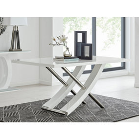 Mayfair 6 Seater White High Gloss and Shiny Stainless Steel Metal Dining Table with Striking Curved X Shaped Legs