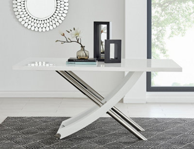 Mayfair 6 Seater White High Gloss and Shiny Stainless Steel Metal Dining Table with Striking Curved X Shaped Legs