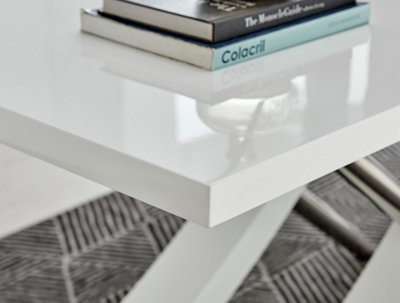 Mayfair 6 Seater White High Gloss and Shiny Stainless Steel Metal Dining Table with Striking Curved X Shaped Legs
