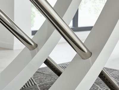 Mayfair 6 Seater White High Gloss and Shiny Stainless Steel Metal Dining Table with Striking Curved X Shaped Legs