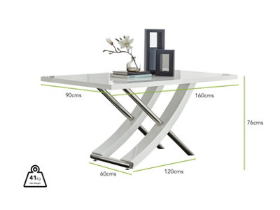 Mayfair 6 Seater White High Gloss and Shiny Stainless Steel Metal Dining Table with Striking Curved X Shaped Legs