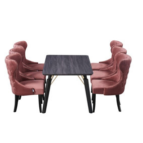 Mayfair Cosmo Black LUX Dining Set with 6 Pink Velvet Chairs