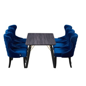 Mayfair Cosmo LUX Dining Set, a Table and Chairs Set of 6, Black/Royal Blue