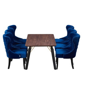 Mayfair Cosmo LUX Dining Set, a Table and Chairs Set of 6, Walnut/Royal Blue