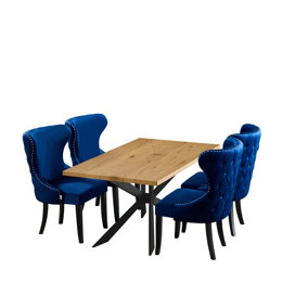 Mayfair Duke LUX Dining Set, a Table and Chairs Set of 4, Oak/Royal Blue