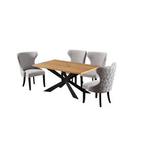 Mayfair Duke Oak LUX Dining Set with 4 Light Grey Velvet Chairs