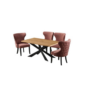 Mayfair Duke Oak LUX Dining Set with 4 Pink Velvet Chairs
