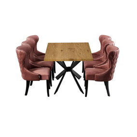 Mayfair Duke Oak LUX Dining Set with 6 Pink Velvet Chairs