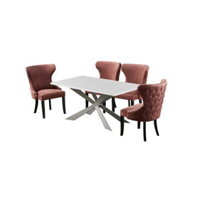 Mayfair Duke White LUX Dining Set with 4 Pink Velvet Chairs