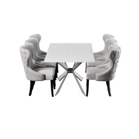 Mayfair Duke White LUX Dining Set with 6 Light Grey Velvet Chairs