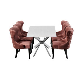Mayfair Duke White LUX Dining Set with 6 Pink Velvet Chairs