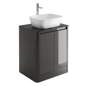 Mayfair Gloss Dark Grey Freestanding Bathroom Vanity Unit with Black Slate Countertop (W)650mm (H)745mm