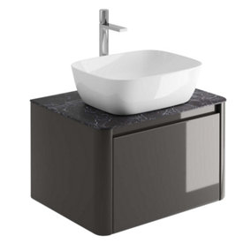 Mayfair Gloss Dark Grey Wall Hung Bathroom Vanity Unit with Black Slate Countertop (W)650mm (H)406mm