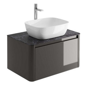 Mayfair Gloss Dark Grey Wall Hung Bathroom Vanity Unit with Black Slate Countertop (W)750mm (H)406mm