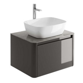 Mayfair Gloss Dark Grey Wall Hung Bathroom Vanity Unit with Grey Marble Countertop (W)650mm (H)406mm
