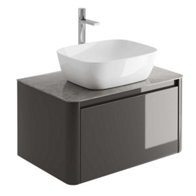 Mayfair Gloss Dark Grey Wall Hung Bathroom Vanity Unit with Grey Marble Countertop (W)750mm (H)406mm