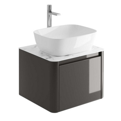 Mayfair Gloss Dark Grey Wall Hung Bathroom Vanity Unit with White Marble Countertop (W)550mm (H)406mm