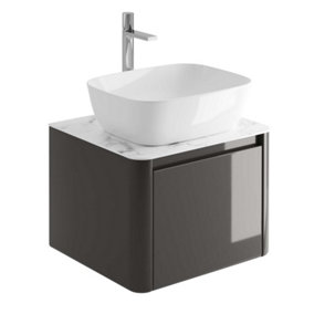 Mayfair Gloss Dark Grey Wall Hung Bathroom Vanity Unit with White Marble Countertop (W)550mm (H)406mm