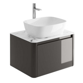 Mayfair Gloss Dark Grey Wall Hung Bathroom Vanity Unit with White Marble Countertop (W)650mm (H)406mm