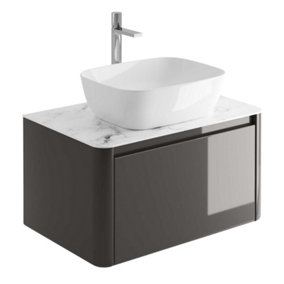 Mayfair Gloss Dark Grey Wall Hung Bathroom Vanity Unit with White Marble Countertop (W)750mm (H)406mm
