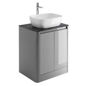 Mayfair Gloss Light Grey Freestanding Bathroom Vanity Unit with Black Slate Countertop (W)650mm (H)745mm