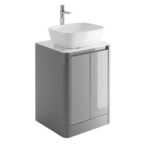 Mayfair Gloss Light Grey Freestanding Bathroom Vanity Unit with White Marble Countertop (W)550mm (H)745mm