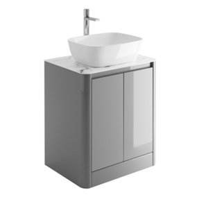 Mayfair Gloss Light Grey Freestanding Bathroom Vanity Unit with White Marble Countertop (W)650mm (H)745mm