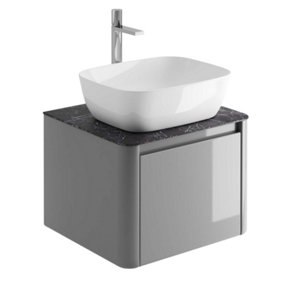 Mayfair Gloss Light Grey Wall Hung Bathroom Vanity Unit with Black Slate Countertop (W)550mm (H)406mm