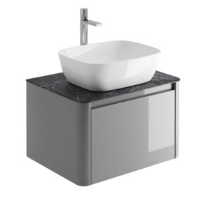 Mayfair Gloss Light Grey Wall Hung Bathroom Vanity Unit with Black Slate Countertop (W)650mm (H)406mm