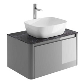 Mayfair Gloss Light Grey Wall Hung Bathroom Vanity Unit with Black Slate Countertop (W)750mm (H)406mm