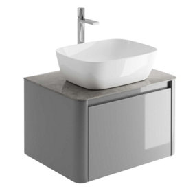 Mayfair Gloss Light Grey Wall Hung Bathroom Vanity Unit with Grey Marble Countertop (W)650mm (H)406mm