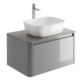 Mayfair Gloss Light Grey Wall Hung Bathroom Vanity Unit with Grey Marble Countertop (W)750mm (H)406mm
