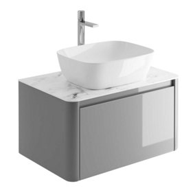 Mayfair Gloss Light Grey Wall Hung Bathroom Vanity Unit with White Marble Countertop (W)750mm (H)406mm