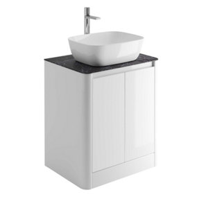 Mayfair Gloss White Freestanding Bathroom Vanity Unit with Black Slate Countertop (W)650mm (H)745mm