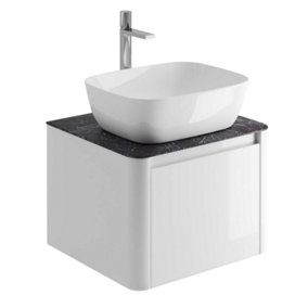 Mayfair Gloss White Wall Hung Bathroom Vanity Unit with Black Slate Countertop (W)550mm (H)406mm