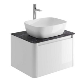 Mayfair Gloss White Wall Hung Bathroom Vanity Unit with Black Slate Countertop (W)650mm (H)406mm