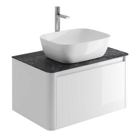 Mayfair Gloss White Wall Hung Bathroom Vanity Unit with Black Slate Countertop (W)750mm (H)406mm