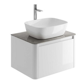 Mayfair Gloss White Wall Hung Bathroom Vanity Unit with Grey Marble Countertop (W)650mm (H)406mm