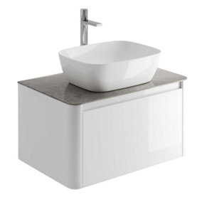 Mayfair Gloss White Wall Hung Bathroom Vanity Unit with Grey Marble Countertop (W)750mm (H)406mm