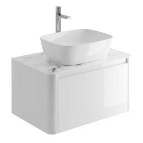 Mayfair Gloss White Wall Hung Bathroom Vanity Unit with White Marble Countertop (W)750mm (H)406mm