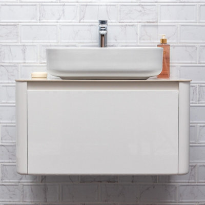 Mayfair Gloss White Wall Hung Bathroom Vanity Unit with White Marble Countertop (W)750mm (H)406mm