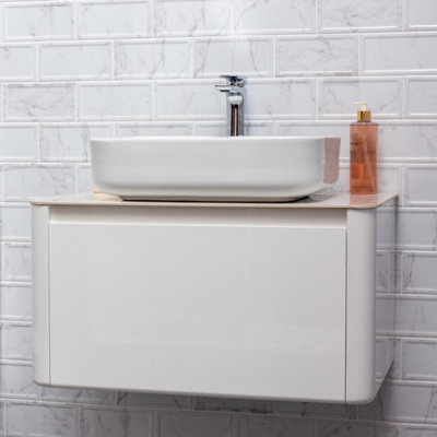 Mayfair Gloss White Wall Hung Bathroom Vanity Unit with White Marble Countertop (W)750mm (H)406mm