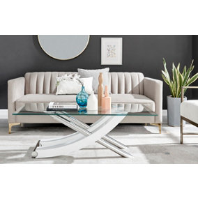 Mayfair Rectangular Glass Top Coffee Table with White High Gloss and Shiny Stainless Curved X Shaped Legs