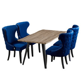 Mayfair Rocco LUX Dining Set, a Table and Chairs Set of 4, Walnut/Royal Blue