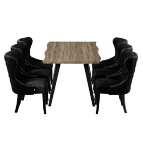 Mayfair Rocco Walnut LUX Dining Set with 6 Black Velvet Chairs