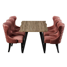 Mayfair Rocco Walnut LUX Dining Set with 6 Pink Velvet Chairs