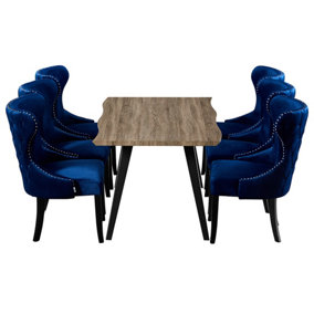 Mayfair Rocco Walnut LUX Dining Set with 6 Royal Blue Velvet Chairs